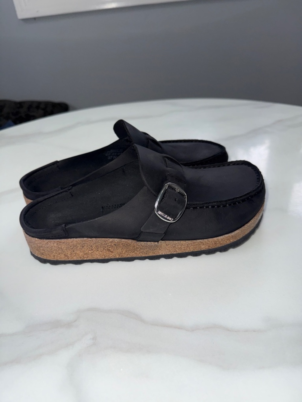 Birkenstock Black Cork-Platform Slip-On Mule with Buckle